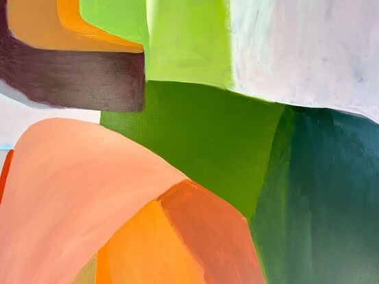 Abstract shapes reminiscent of seated figure in bold colors with curves and arches.