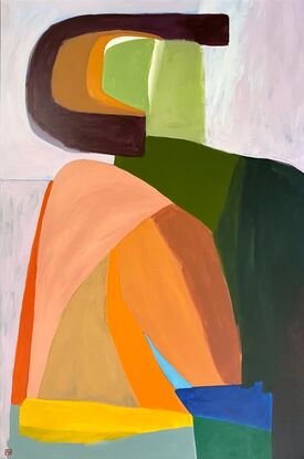 Abstract shapes reminiscent of seated figure in bold colors with curves and arches.