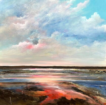 Colourful Textured abstract landscape with fluffy vibrant hot pink  white and blue fluffy clouds above a sunset filled landscape with blue water flowing through.