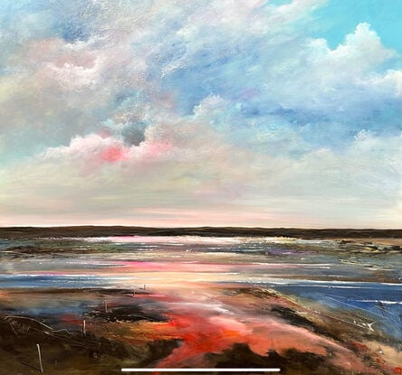 Colourful Textured abstract landscape with fluffy vibrant hot pink  white and blue fluffy clouds above a sunset filled landscape with blue water flowing through.