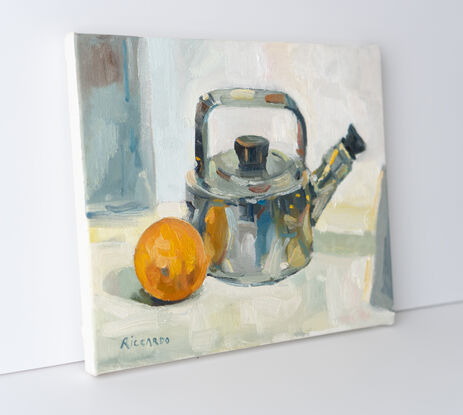 A painting study of an orange with my new old fashioned shiny kettle.