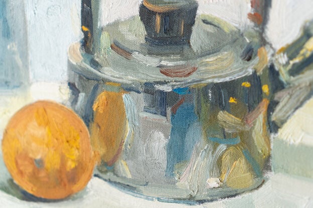 A painting study of an orange with my new old fashioned shiny kettle.