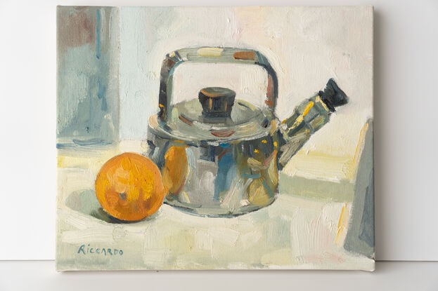 A painting study of an orange with my new old fashioned shiny kettle.