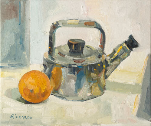 A painting study of an orange with my new old fashioned shiny kettle.