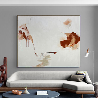 Subtle tones in warm earthy beige, peach, apricot, salmon, terracotta, white and grey combined with large expressive marks, across the canvas surface. 