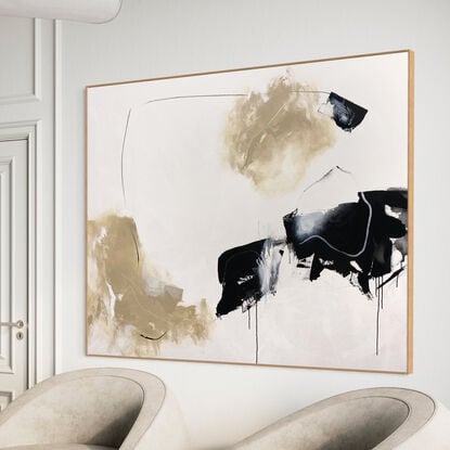 bold marks in beige and black across the canvas suggestive of open spaces made from large expressive marks with pops of white across the canvas