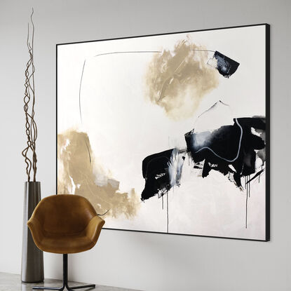 bold marks in beige and black across the canvas suggestive of open spaces made from large expressive marks with pops of white across the canvas