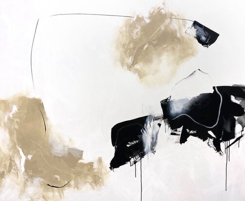 bold marks in beige and black across the canvas suggestive of open spaces made from large expressive marks with pops of white across the canvas