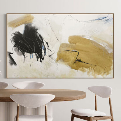 subtle warm neutral tones and white, beige, brown, tan, black, ochre mixed with grey expressive makes across the canvas.