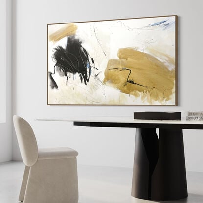 subtle warm neutral tones and white, beige, brown, tan, black, ochre mixed with grey expressive makes across the canvas.