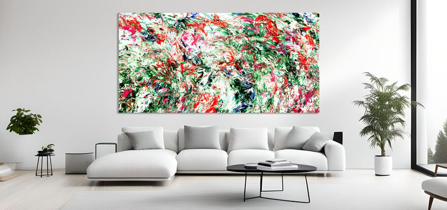 Images show the painting in three different lounge rooms.