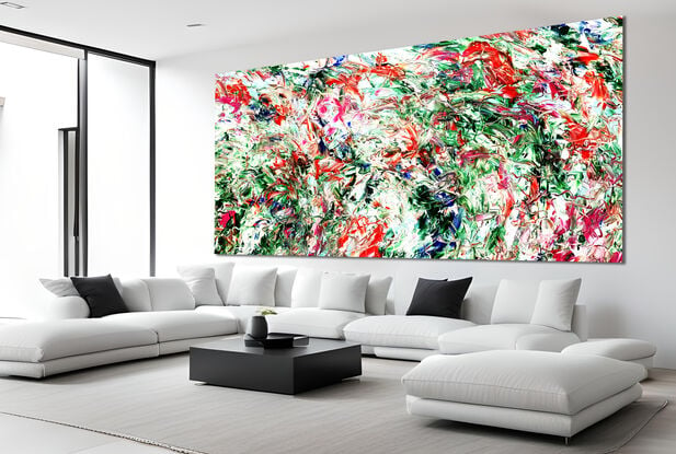 Images show the painting in three different lounge rooms.