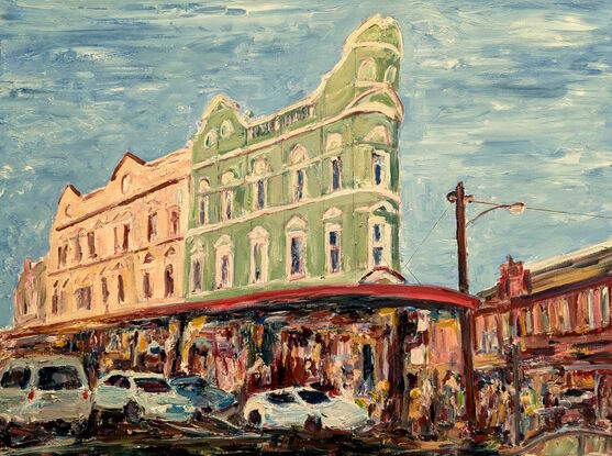 Capture of impressive wedge styled building on corner of King and Wilson Streets in Newtown. Painted on oil with an impressionist influence.   Trying to represent the vibe of this particularly inspiring and diverse part of Sydney 