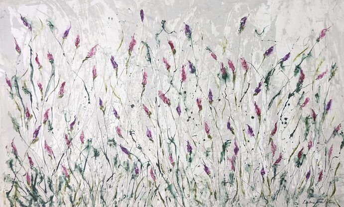 A large abstract painting of the Australian indigenous plants and wild grass in pale grey, pink, purple, cerise and magenta, blush dusty mauve