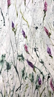 A large abstract painting of the Australian indigenous plants and wild grass in pale grey, pink, purple, cerise and magenta, blush dusty mauve