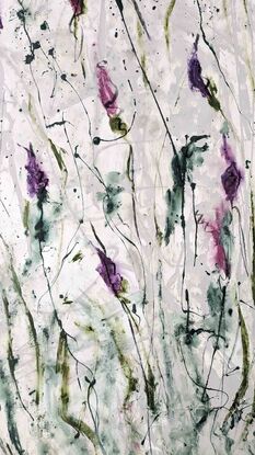 A large abstract painting of the Australian indigenous plants and wild grass in pale grey, pink, purple, cerise and magenta, blush dusty mauve