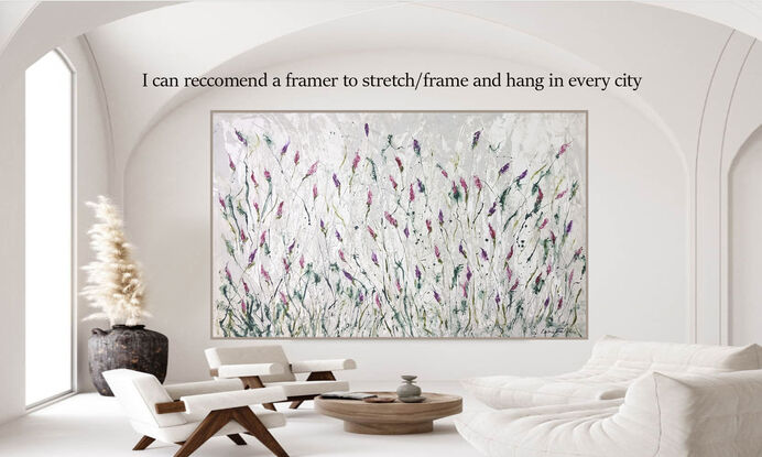 A large abstract painting of the Australian indigenous plants and wild grass in pale grey, pink, purple, cerise and magenta, blush dusty mauve