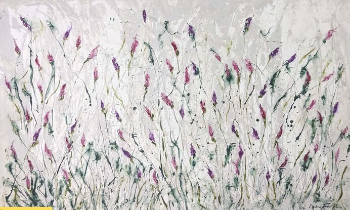 A large abstract painting of the Australian indigenous plants and wild grass in pale grey, pink, purple, cerise and magenta, blush dusty mauve