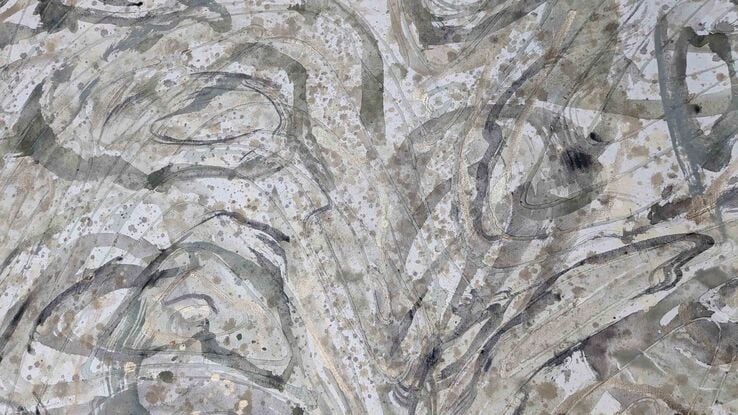 A large painting of a seaweed in a rockpool with metallic gold, soft green, beige, tan beige, black and white.