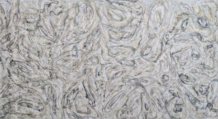 A large painting of a seaweed in a rockpool with metallic gold, soft green, beige, tan beige, black and white.