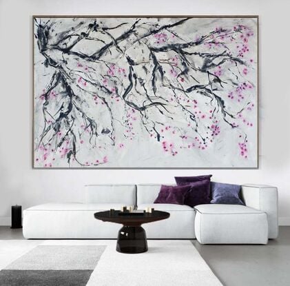 cherry blossom flowers and cherry tree in white, pink nd black.