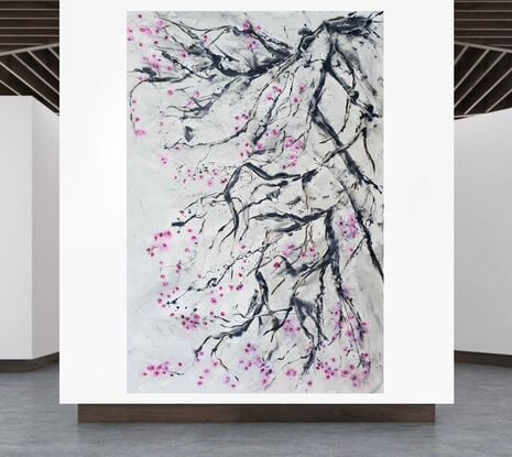 cherry blossom flowers and cherry tree in white, pink nd black.