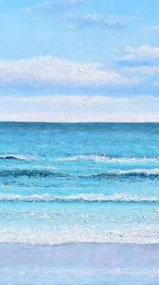 An oil painting of the ocean. The sky is cloudy on the horizon. The turquoise blue waves are calm and meditative.