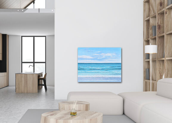 An oil painting of the ocean. The sky is cloudy on the horizon. The turquoise blue waves are calm and meditative.