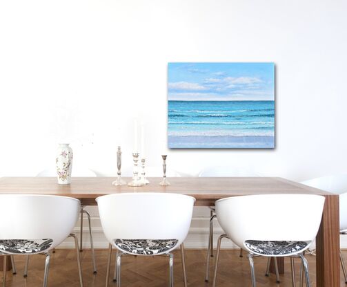 An oil painting of the ocean. The sky is cloudy on the horizon. The turquoise blue waves are calm and meditative.