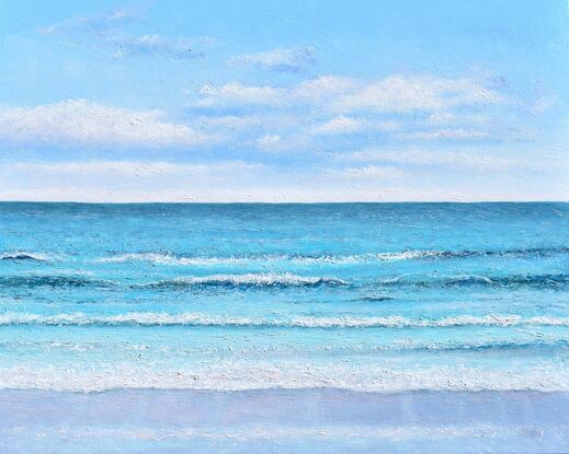 An oil painting of the ocean. The sky is cloudy on the horizon. The turquoise blue waves are calm and meditative.