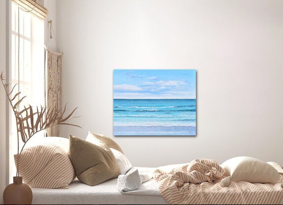 An oil painting of the ocean. The sky is cloudy on the horizon. The turquoise blue waves are calm and meditative.