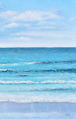 An oil painting of the ocean. The sky is cloudy on the horizon. The turquoise blue waves are calm and meditative.