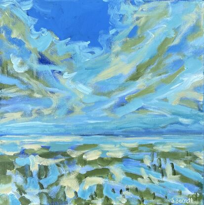 Greens and blue expressive strokes of acrylic paint streak across the sky and water to give movement to an abstracted seascape.