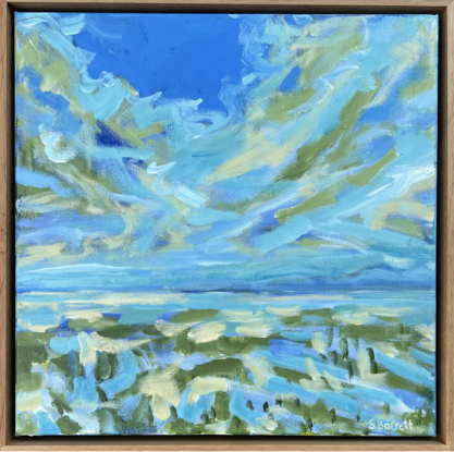 Greens and blue expressive strokes of acrylic paint streak across the sky and water to give movement to an abstracted seascape.