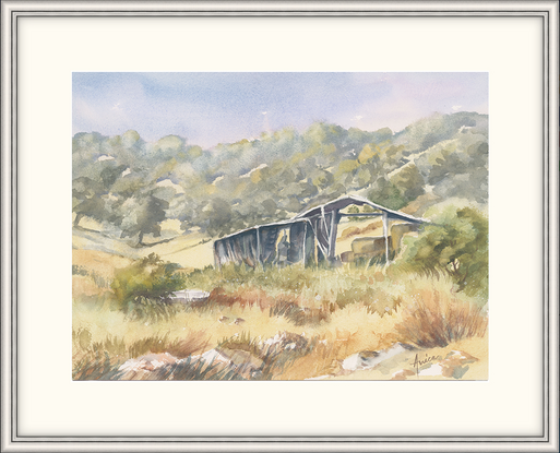 An old hay shed in long grass with rolling tree-covered hills with a bathtub to the side.