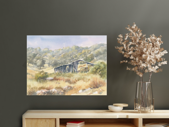 An old hay shed in long grass with rolling tree-covered hills with a bathtub to the side.