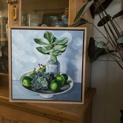 Succulents and fruit on a white bowl with neutral background