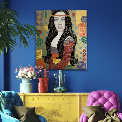 Young woman in boho style
Colourful portrait
Klimt style art
