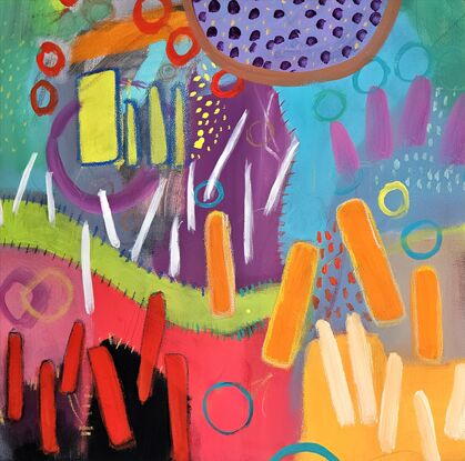 Colourful, vibrant lines, circles, dots , line dance across the canvas making an exciting happy painting. Colours of blue, red, purple, lime-green, orange, teal, black and white.