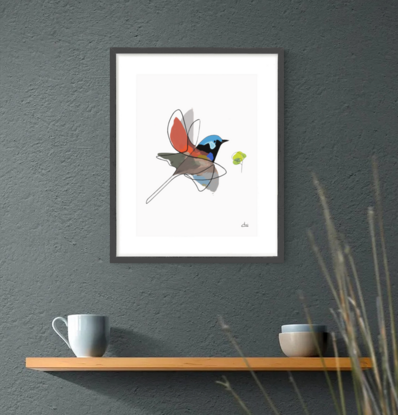 Multi coloured fairywren bird in flight with  tree leaves