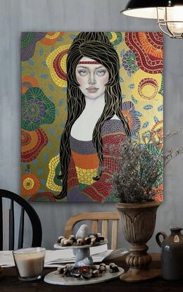 Young woman portrait
Klimt style 
Colourful stretched canvas
Boho background 