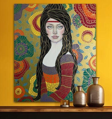 Young woman portrait
Klimt style 
Colourful stretched canvas
Boho background 