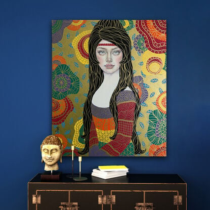 Young woman portrait
Klimt style 
Colourful stretched canvas
Boho background 