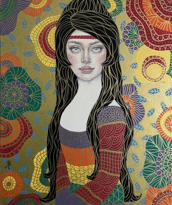 Young woman portrait
Klimt style 
Colourful stretched canvas
Boho background 