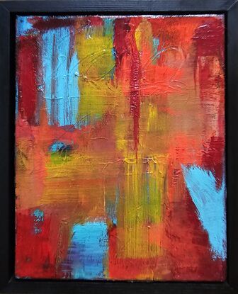 A vibrant and deep pallette of rose madder, orange, ochre, turquoise and red. Warm earthy colours, scratched into. Expressive strokes and lots of texture.