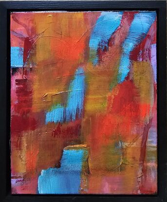 A vibrant and deep pallette of rose madder, orange, ochre, turquoise and red. Warm earthy colours, scratched into. Expressive strokes and lots of texture.