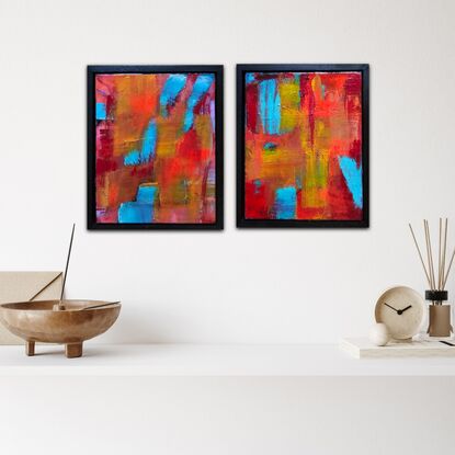 A vibrant and deep pallette of rose madder, orange, ochre, turquoise and red. Warm earthy colours, scratched into. Expressive strokes and lots of texture.