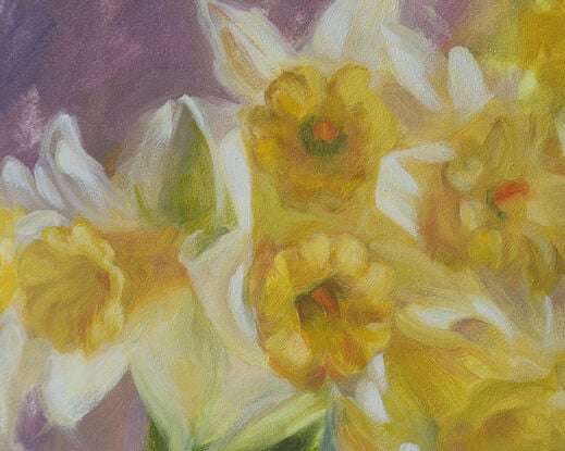 The image depicts a still life painting of a bunch of daffodil flowers that are realistically painted. The painting is an alla prima painting of the flowers, with blush pinks, yellows, whites, and soft pastel hues. The colours are warm and inviting. The painting is an oil on panel panting. It is a mini painting, and perfect art for the home. It is wall art that will work well in a kitchen or lounge room. It is sweet, inviting, thickly painted with visible brush marks and impasto paint. 