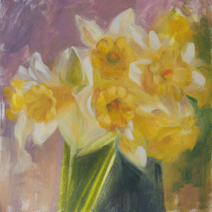 The image depicts a still life painting of a bunch of daffodil flowers that are realistically painted. The painting is an alla prima painting of the flowers, with blush pinks, yellows, whites, and soft pastel hues. The colours are warm and inviting. The painting is an oil on panel panting. It is a mini painting, and perfect art for the home. It is wall art that will work well in a kitchen or lounge room. It is sweet, inviting, thickly painted with visible brush marks and impasto paint. 