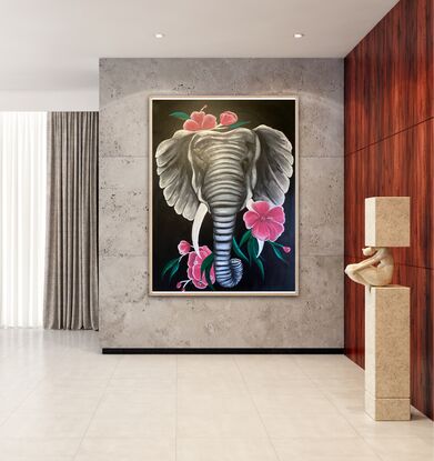 Acrylic on canvas , giant elephant describes the structure and strength of an elephant and flowers on the top shows the female elephant and its beauty. Overall its a masterpiece to gift someone with positive energy.